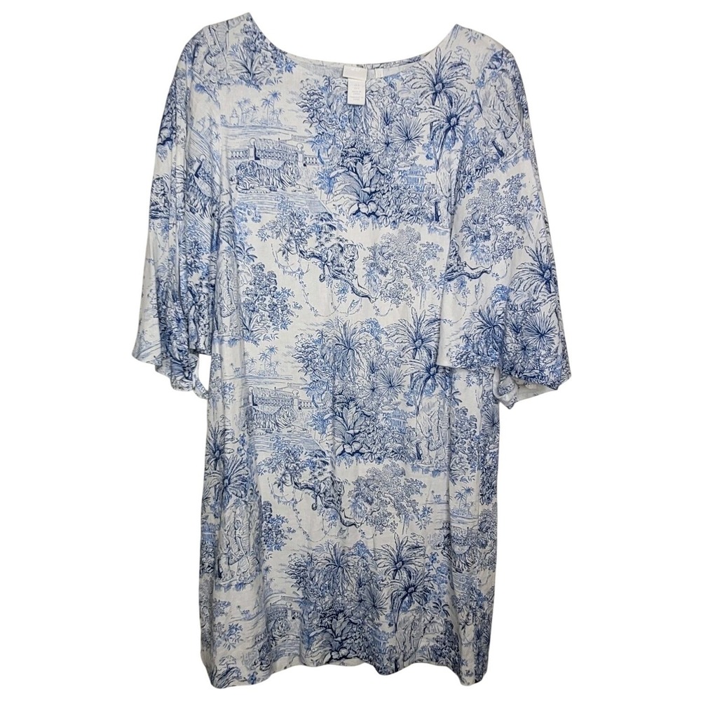 H&M Women's Shift Dress Toile Blue White Linen Blend‎ 3/4 Sleeve Sz M Coastal